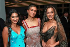 LONDON, ENGLAND - FEBRUARY 20: (L to R) Varada Sethu, Chloe Abrahams and Ayesha Hussain attend Celebrating South Asians hosted at BAFTA Piccadilly on February 20, 2026 in London, England. (Photo by Grant Buchanan/Dave Benett/Getty Images for Society O/Product of Culture)