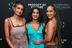 LONDON, ENGLAND - FEBRUARY 20: (L to R) Chloe Abrahams, Varada Sethu and Ayesha Hussain attend Celebrating South Asians hosted at BAFTA Piccadilly on February 20, 2026 in London, England. (Photo by Grant Buchanan/Dave Benett/Getty Images for Society O/Product of Culture)