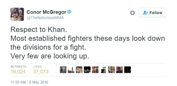 Connor McGregor tweeting his respect for Khan 