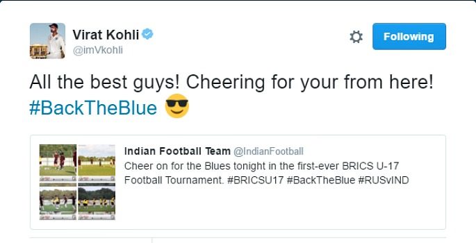 Virat Kohli tweets about the BRICS U-17 Football Cup