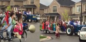 Desi Groom makes Entrance on Tractor at Canadian Wedding