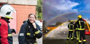 College of woman smiling and firefighters