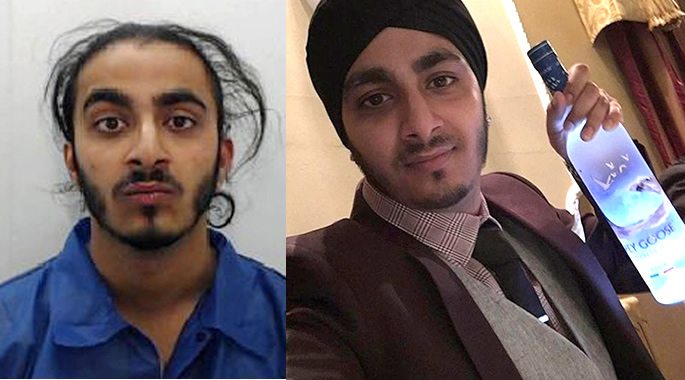 British Asian driver Ajay Singh's mugshot and holding a vodka bottle