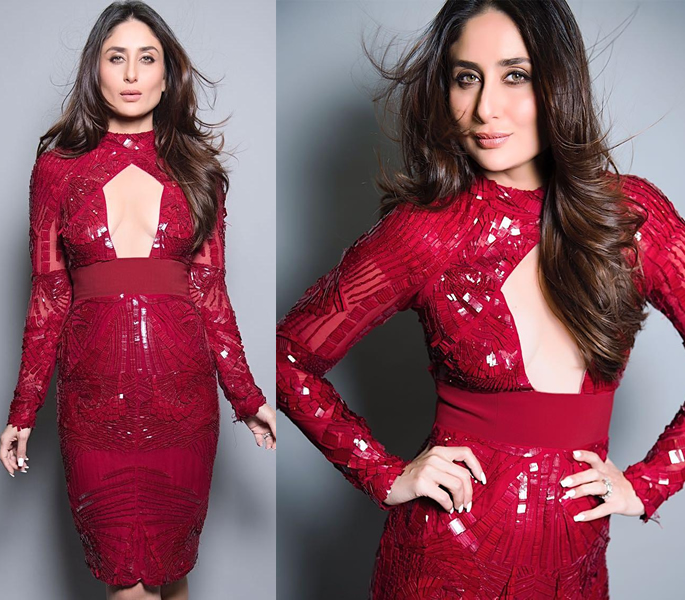 Kareena in a red, sequined dress