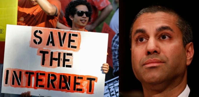 Protestors and Ajit Pai