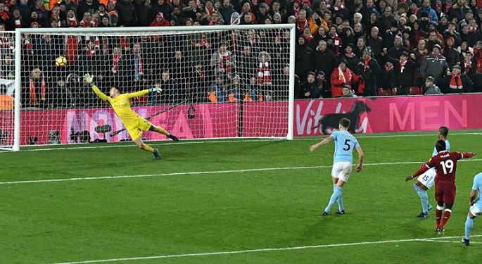 Sadio mane fires an unstoppable shot past Ederson in the Man City goal