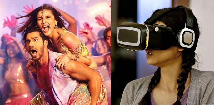 Collage of Alia Bhatt with Varun Dhawan and a woman using a VR headset