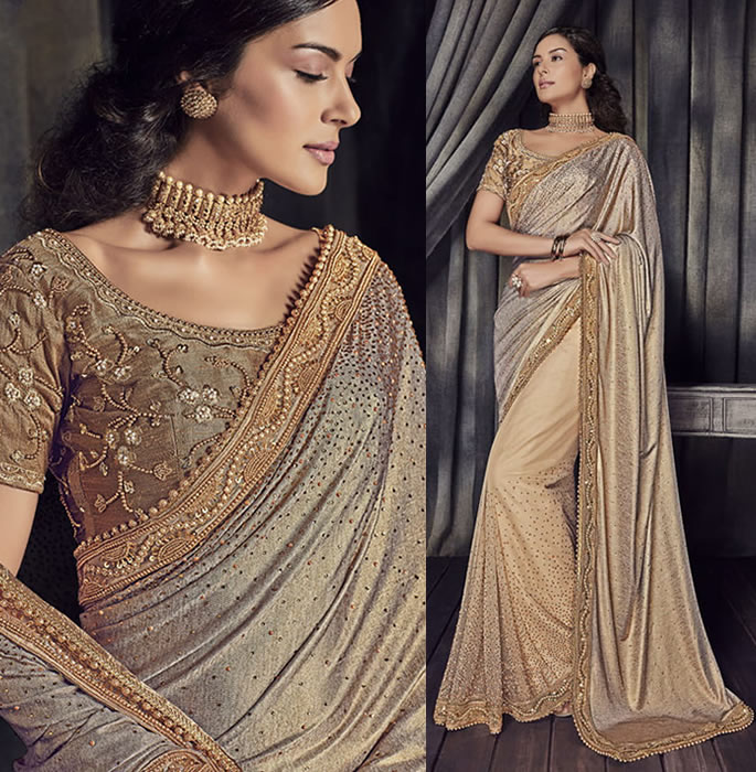 Stylish and Beautiful Crystal Sarees for Any Occasion - golden brown