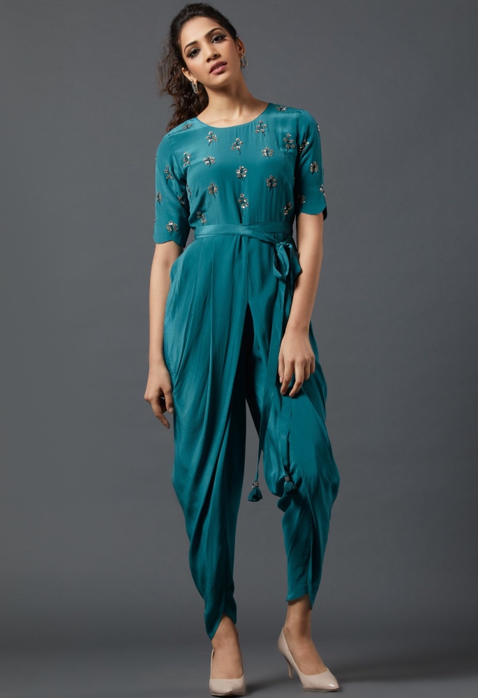 10 Stunning Dhoti Style Outfits to Wear - blue jumpsuit