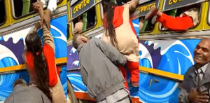 Husband shoves Wife through cramped Indian Bus Window f