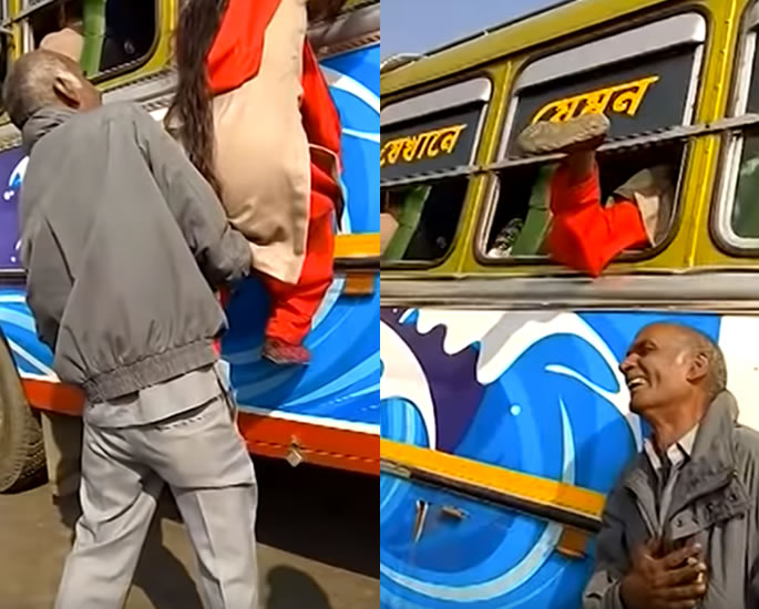 Husband shoves Wife through cramped Indian Bus Window - laughs