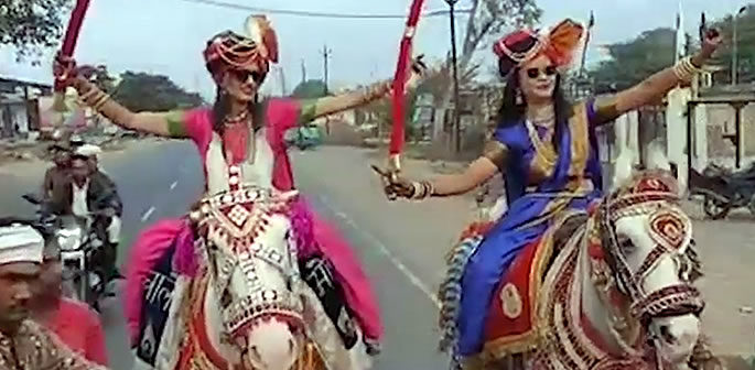 Indian Sisters arrive at Wedding On Horses with Swords f