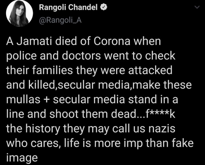 Twitter suspends Rangoli Chandel’s account for Hate Tweet - tweet