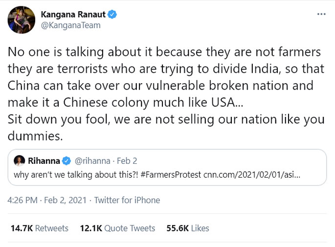 Twitter deletes Kangana's Tweets for Violating Rules - rihanna