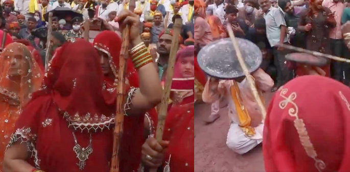 Indian Women beat Men with Sticks at Lathmar Holi f
