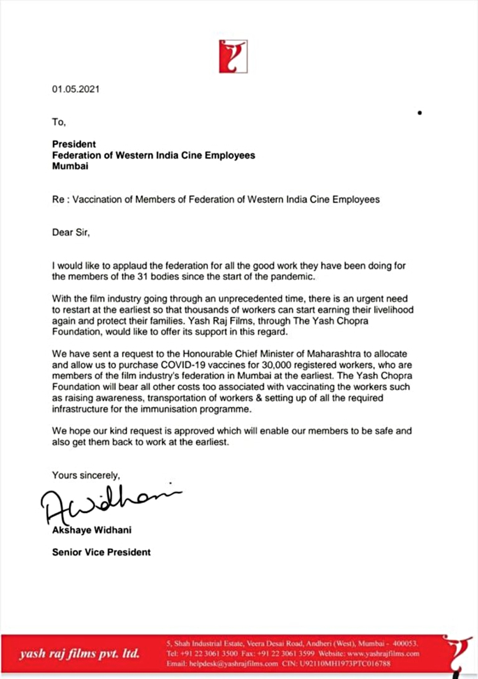 Aditya Chopra seeks permission to vaccinate entire Bollywood industry - letter