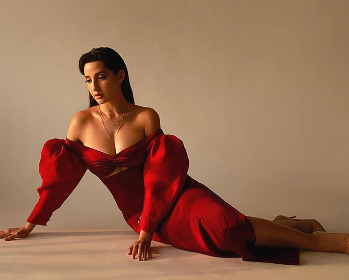 Nora Fatehi looks Ravishing in Red Off-Shoulder Gown 2