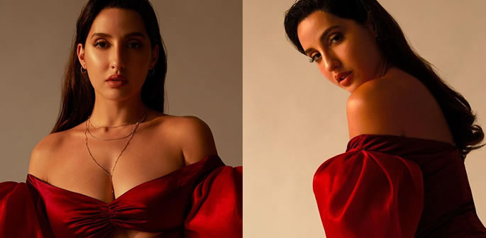 Nora Fatehi looks Ravishing in Red Off-Shoulder Gown f