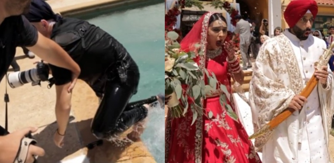 Indian Wedding Photographer falls in Pool Capturing Couple f