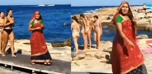 Indian Woman goes for Beach Stroll in Saree f