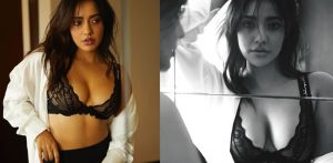 Neha Sharma wows in Unbuttoned Shirt revealing Lace Bralette f
