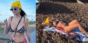 Mia Khalifa mocks British Beachgoers as she Strips to Bikini f