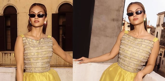 Natasha Poonawalla glows in Golden Dior Gown at Bezos Wedding f