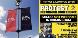 Birmingham Stand Up To Racism to Protest Reform UK Conference f