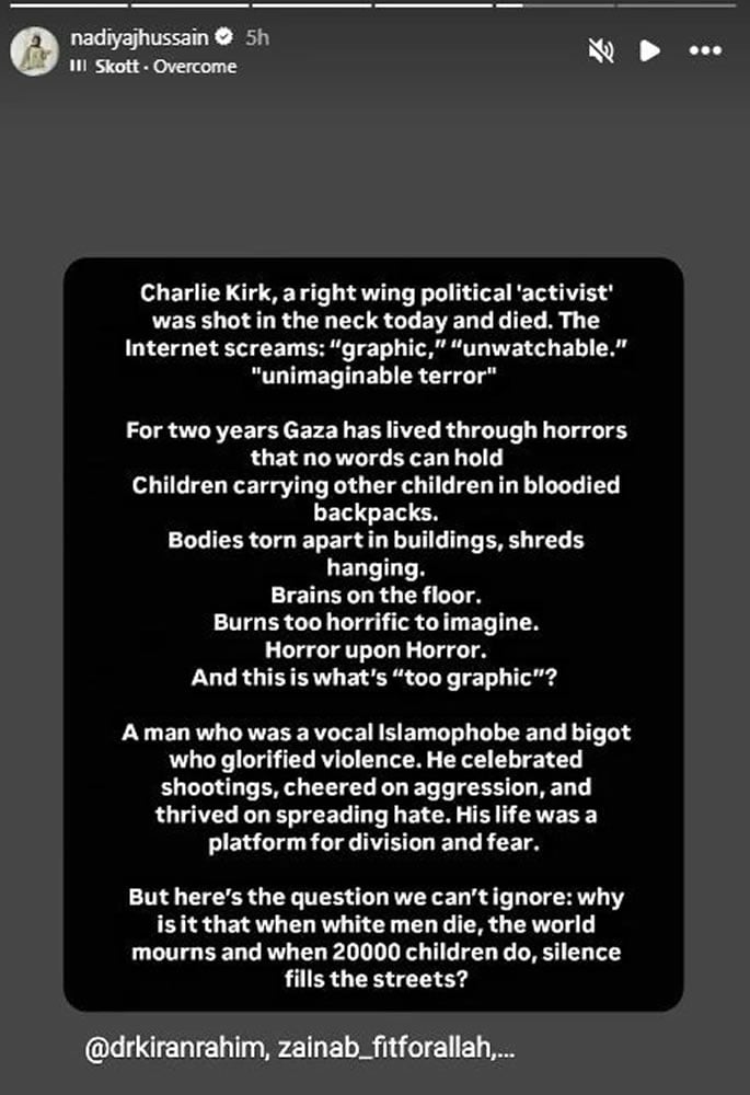 Nadiya Hussain Sparks Fury after Sharing Posts on Charlie Kirk's Death f