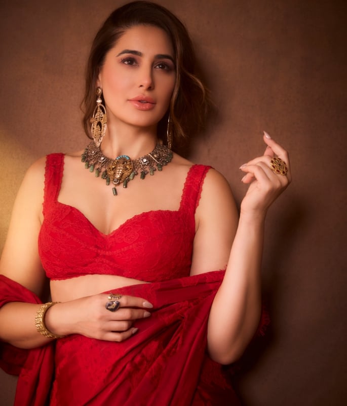 Nargis Fakhri Dazzles in Red Saree at Ekta Kapoor’s Diwali Bash 1