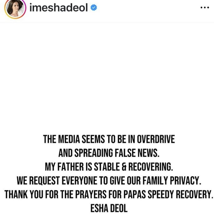 Esha Deol slams Indian Outlets for Fake Dharmendra Death Reports