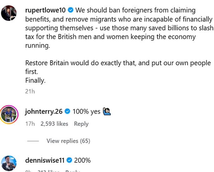 Ex-Chelsea Stars appear to back calls to 'Ban Benefit-Claiming Foreigners'