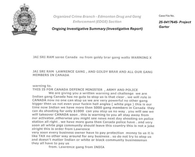 Bishnoi Gang say 'We will rule in Canada' in Letter to Police